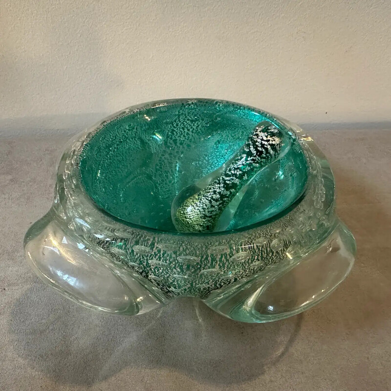 Vintage green and gold Murano bullicante glass ashtray and pestle, Italy 1960