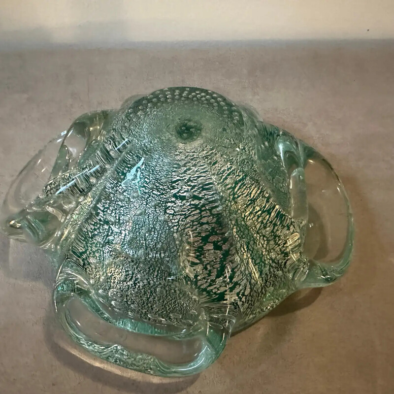 Vintage green and gold Murano bullicante glass ashtray and pestle, Italy 1960