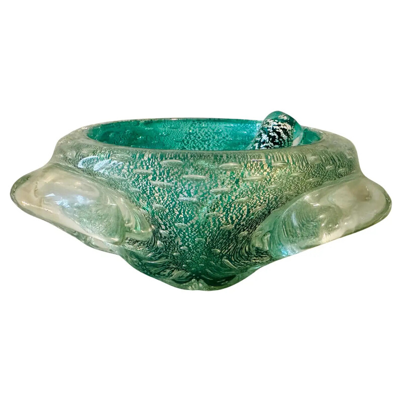 Vintage green and gold Murano bullicante glass ashtray and pestle, Italy 1960