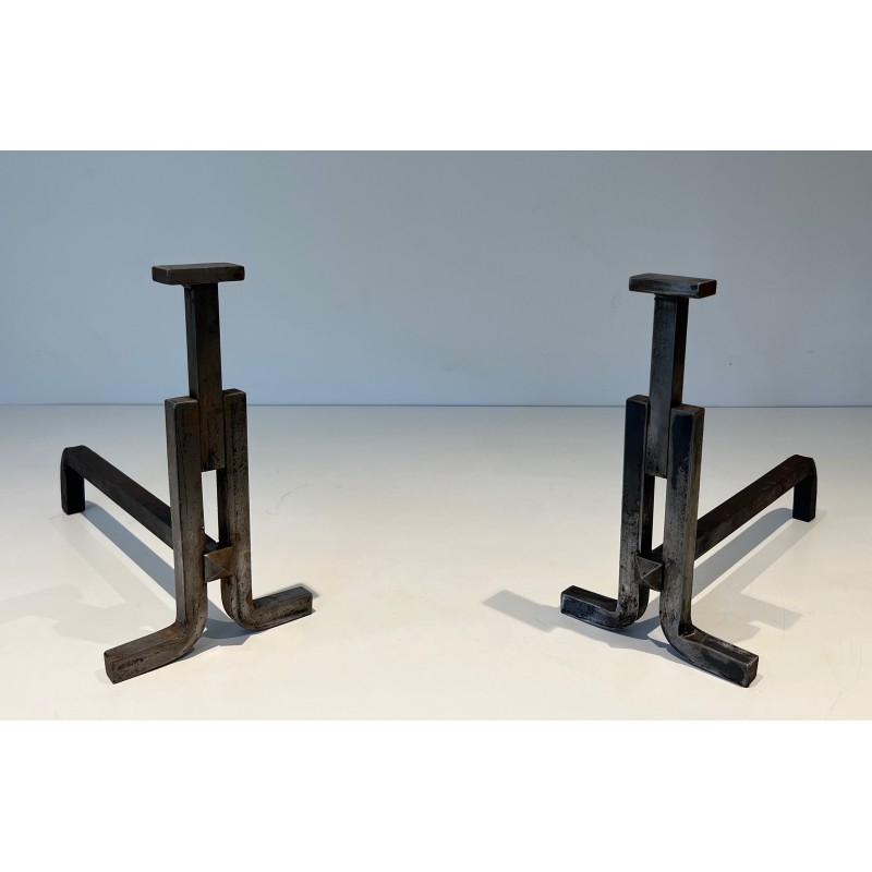 Pair of vintage cast iron and wrought iron andirons, France 1950