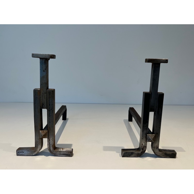 Pair of vintage cast iron and wrought iron andirons, France 1950
