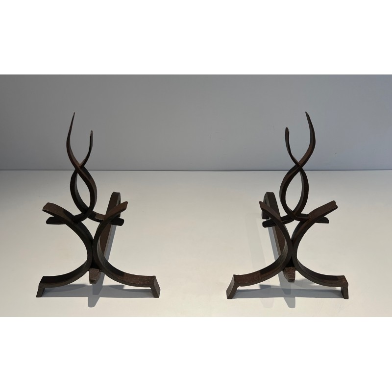 Pair of vintage wrought iron andirons by Raymond Subes, France 1940