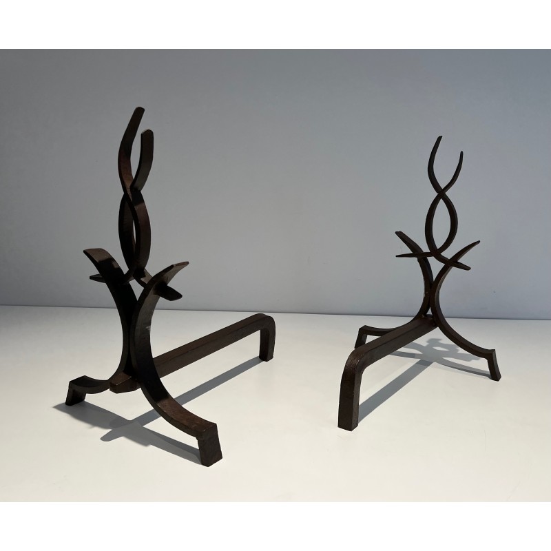 Pair of vintage wrought iron andirons by Raymond Subes, France 1940