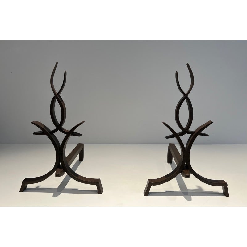 Pair of vintage wrought iron andirons by Raymond Subes, France 1940