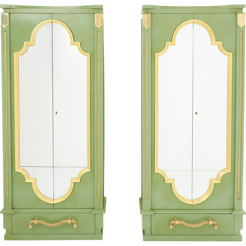 Pair of vintage cabinets in solid oak wood decorated with celadon green lacquer by André Arbus, 1930