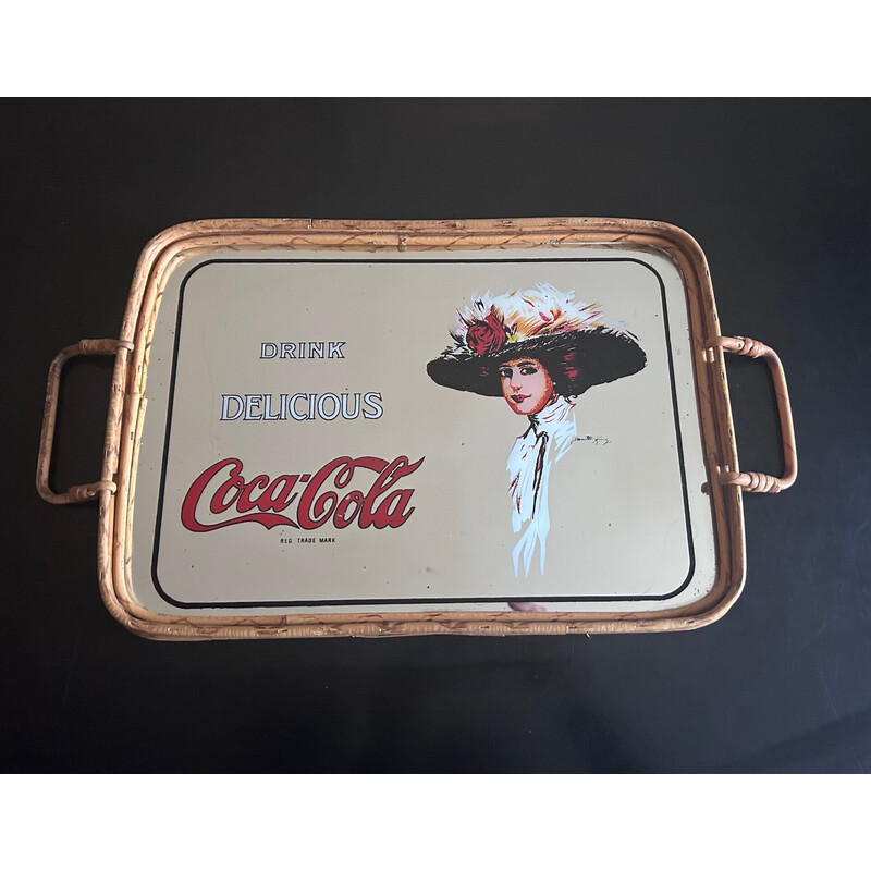 Vintage tray with wicker base and printed mirror top, 1970