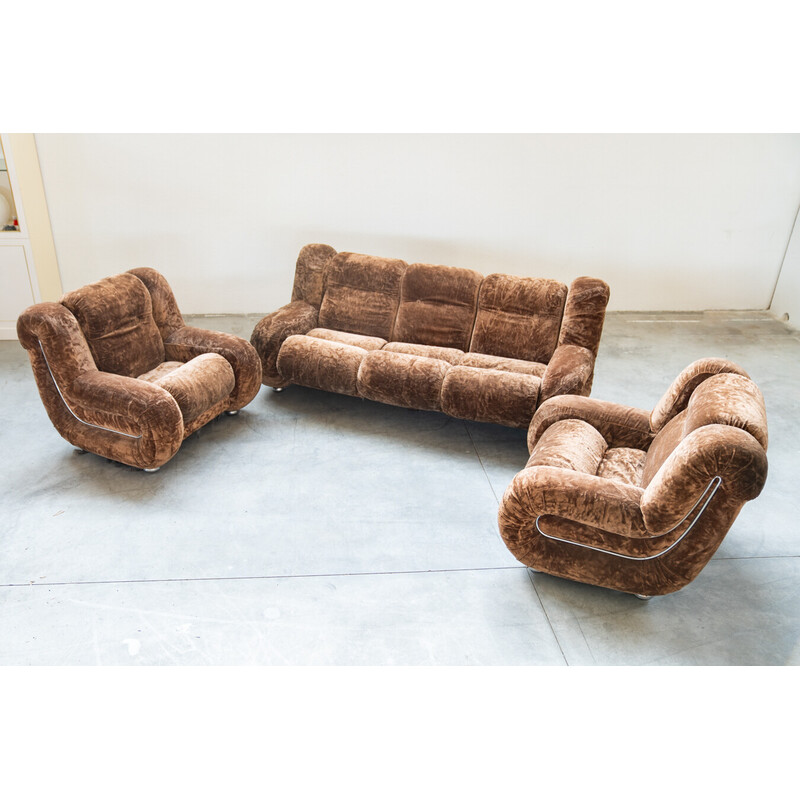 Pair of vintage armchairs with 3-seater sofa in wood and chenille fabric, Italy 1970