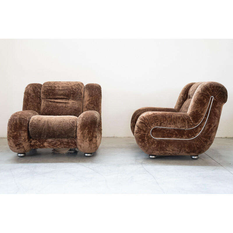 Paar vintage fauteuils met 3-zitsbank in hout en chenille stof, Italië 1970
