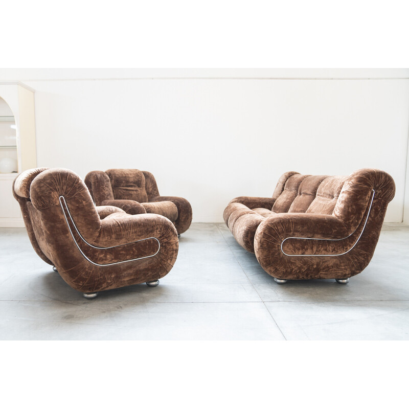 Paar vintage fauteuils met 3-zitsbank in hout en chenille stof, Italië 1970