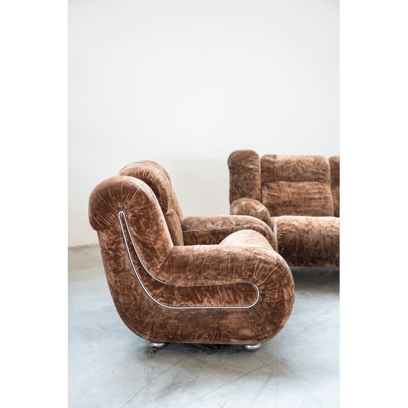 Pair of vintage armchairs with 3-seater sofa in wood and chenille fabric, Italy 1970