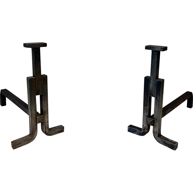 Pair of vintage cast iron and wrought iron andirons, France 1950