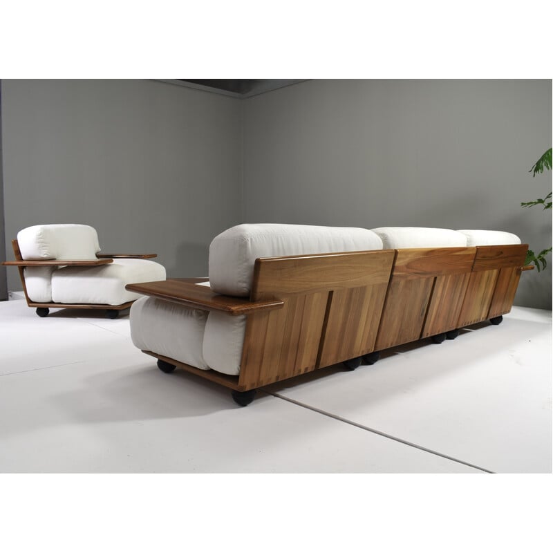 Vintage Pianura living room set in walnut and fabric by Mario Bellini for Cassinan, Italy 1971