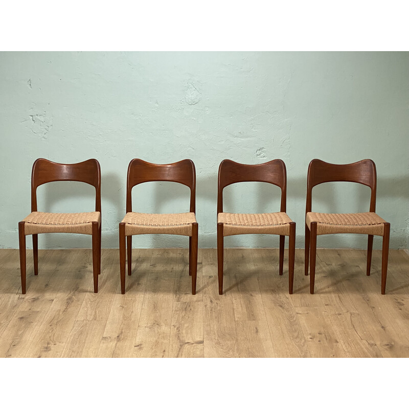 Set of 4 vintage teak and rope chairs by Arne Hovmand Olsen for Mogens Kold, 1960