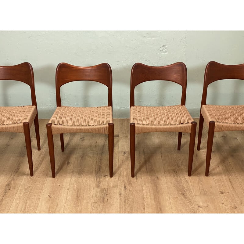 Set of 4 vintage teak and rope chairs by Arne Hovmand Olsen for Mogens Kold, 1960