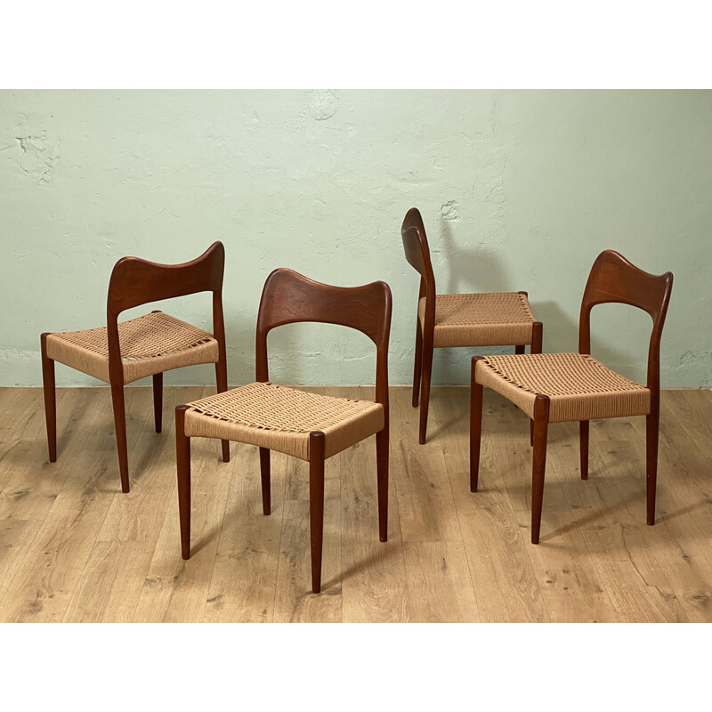 Lot de 4 chaises vintage en teck et corde d’Arne Hovmand Olsen pour Mogens Kold, 1960