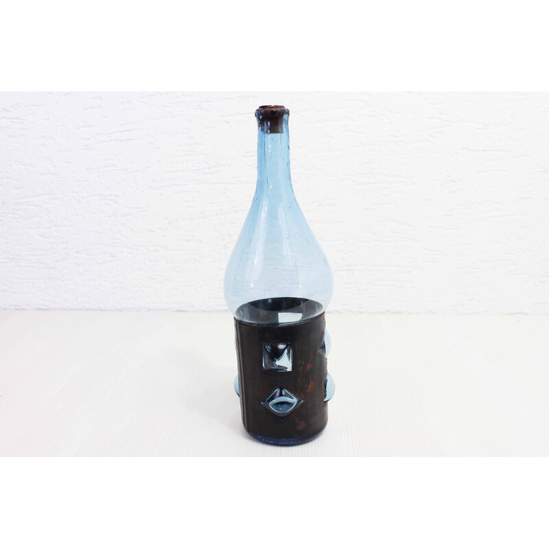 Vintage blown glass and metal bottle by Felipe Derflingher, 1960