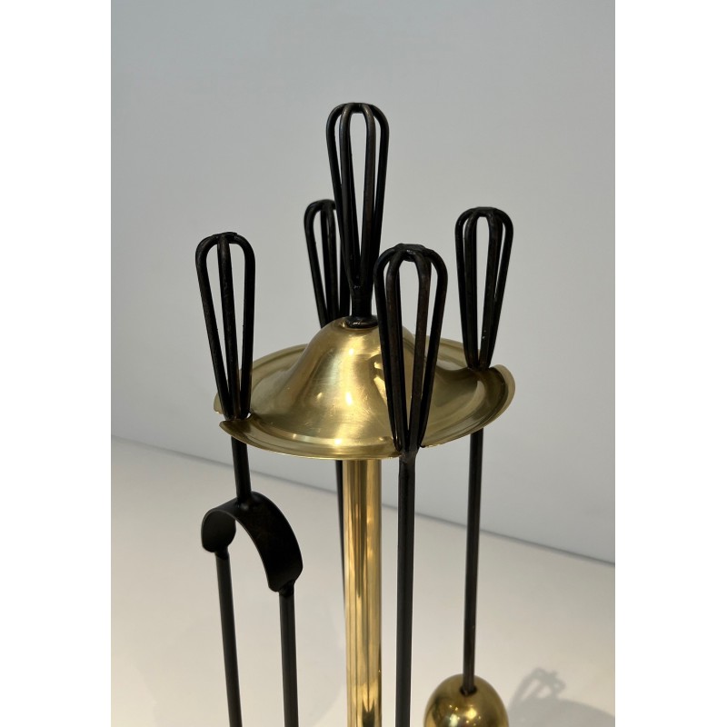 Vintage fireplace tools in lacquered metal and brass, France 1970