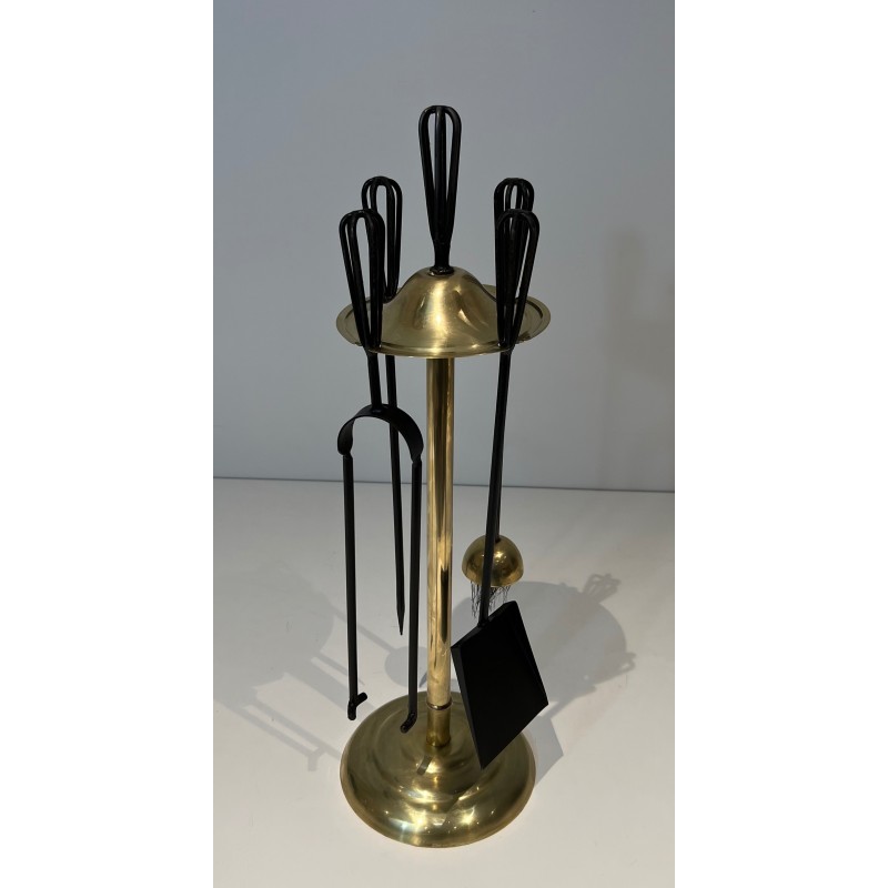 Vintage fireplace tools in lacquered metal and brass, France 1970