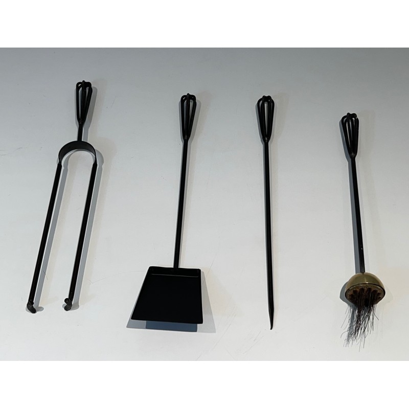 Vintage fireplace tools in lacquered metal and brass, France 1970