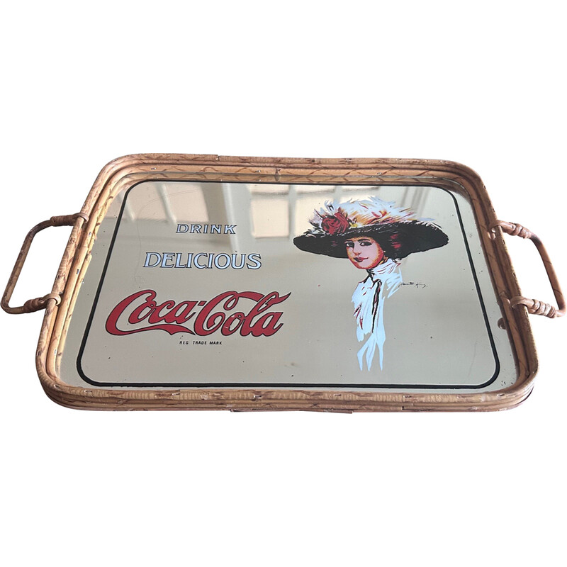 Vintage tray with wicker base and printed mirror top, 1970