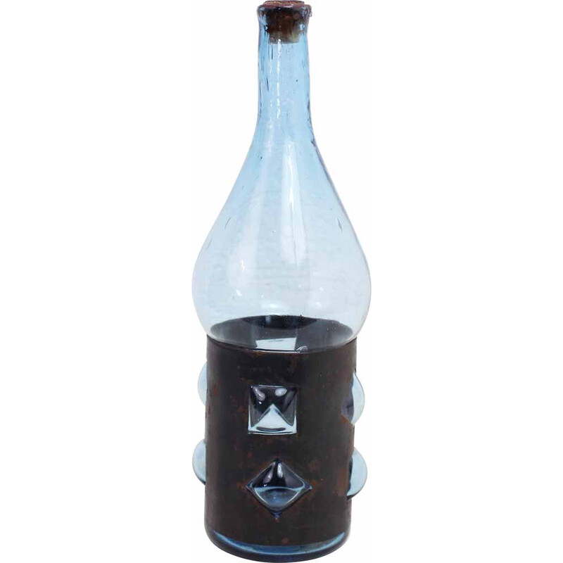 Vintage blown glass and metal bottle by Felipe Derflingher, 1960
