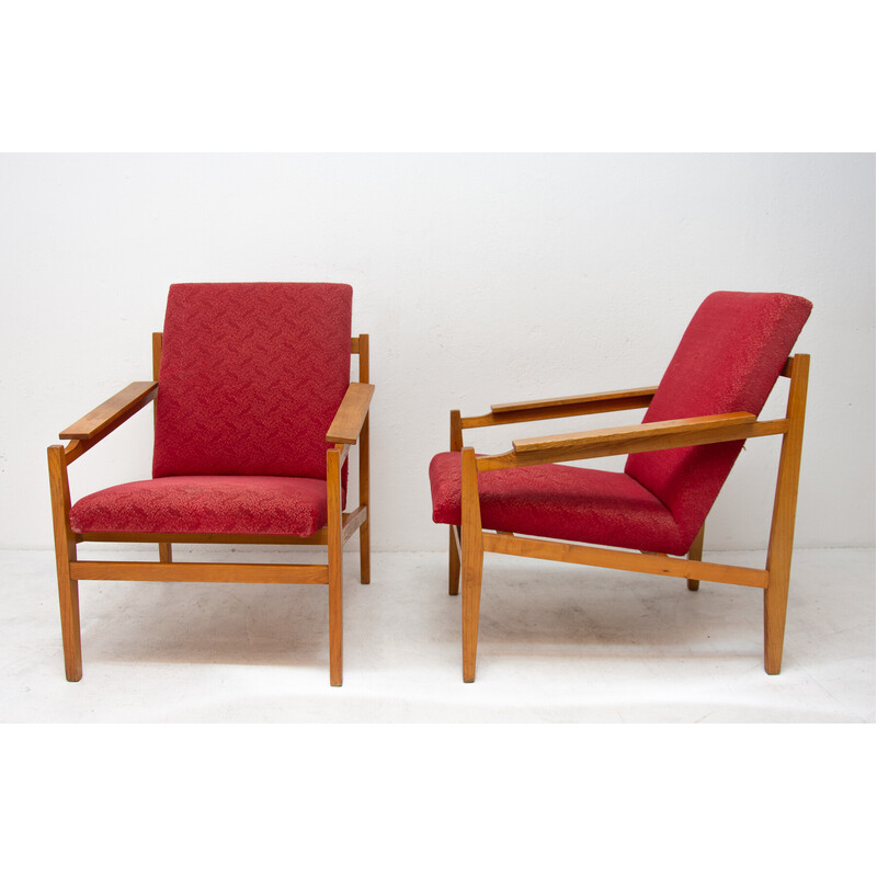 Pair of vintage beech wood armchairs and cushions, 1960