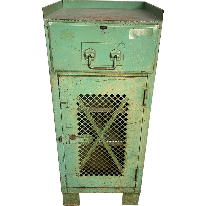 Vintage industrial metal cabinet with 1 door and 1 drawer, 1950