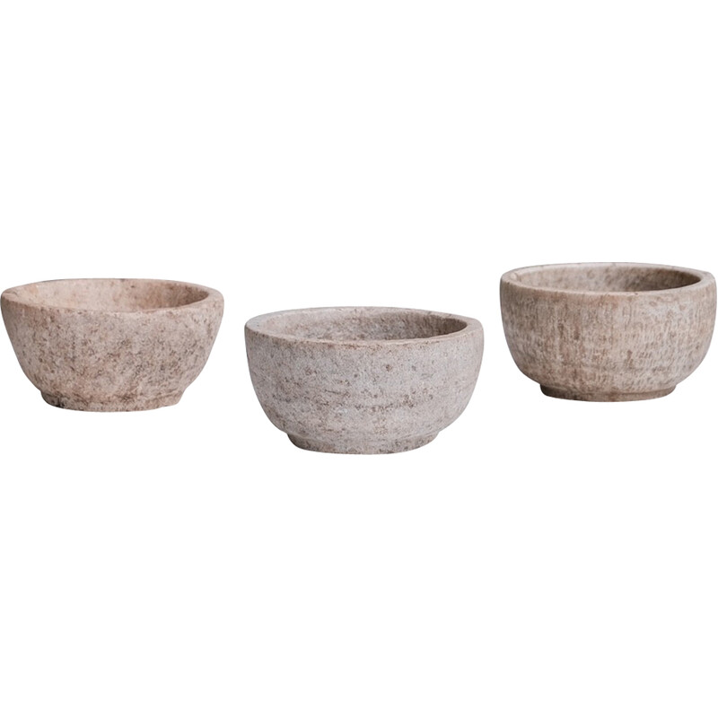 Set of 3 primitive vintage marble stone bowls, 1930