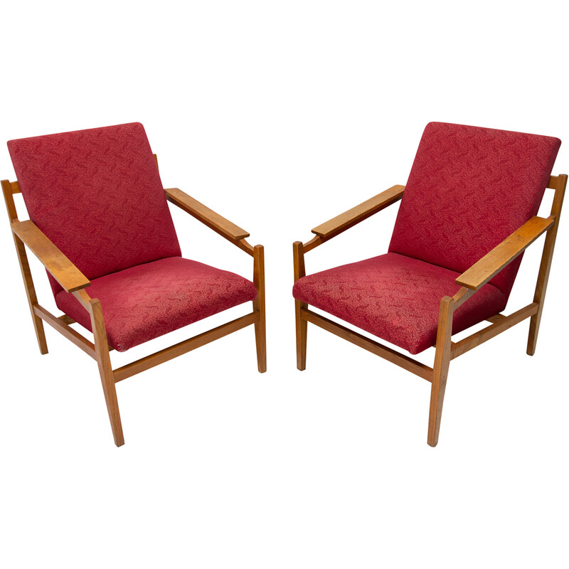 Pair of vintage beech wood armchairs and cushions, 1960
