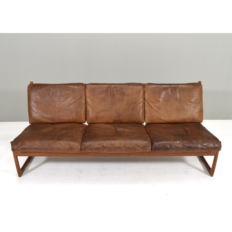 Vintage 3-seater sofa model FD130 in teak and cognac leather by Peter Hvidt and Orla Mølgaard, Denmark 1960