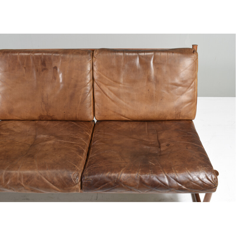 Vintage 3-seater sofa model FD130 in teak and cognac leather by Peter Hvidt and Orla Mølgaard, Denmark 1960