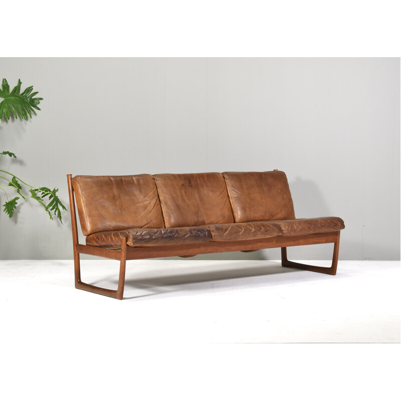 Vintage 3-seater sofa model FD130 in teak and cognac leather by Peter Hvidt and Orla Mølgaard, Denmark 1960