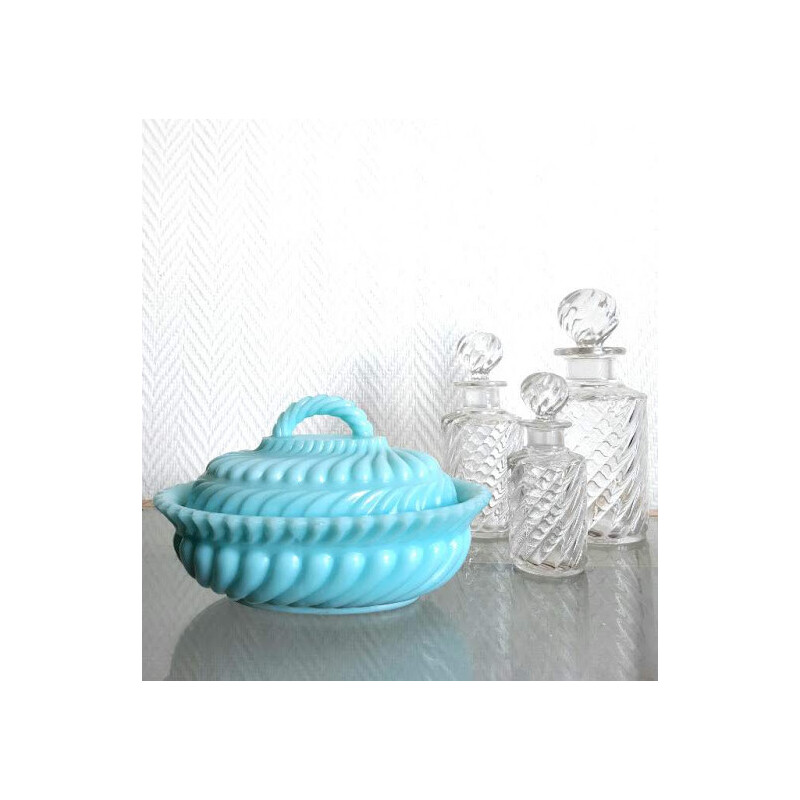 Vintage Art Deco candy dish in blue opaline glass, 1950