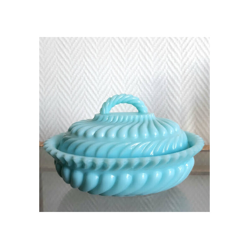Vintage Art Deco candy dish in blue opaline glass, 1950