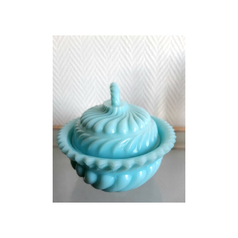 Vintage Art Deco candy dish in blue opaline glass, 1950