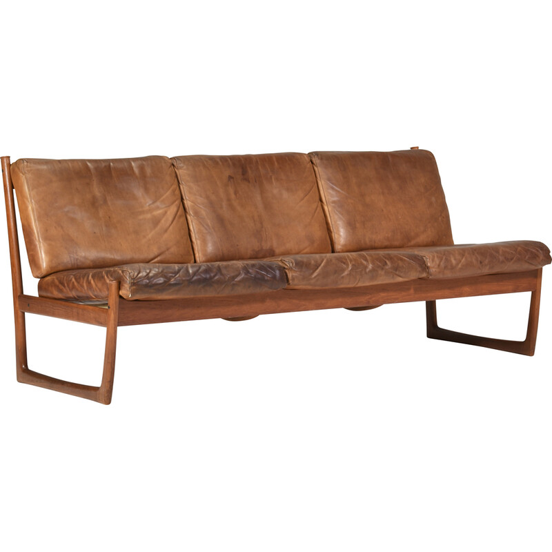 Vintage 3-seater sofa model FD130 in teak and cognac leather by Peter Hvidt and Orla Mølgaard, Denmark 1960