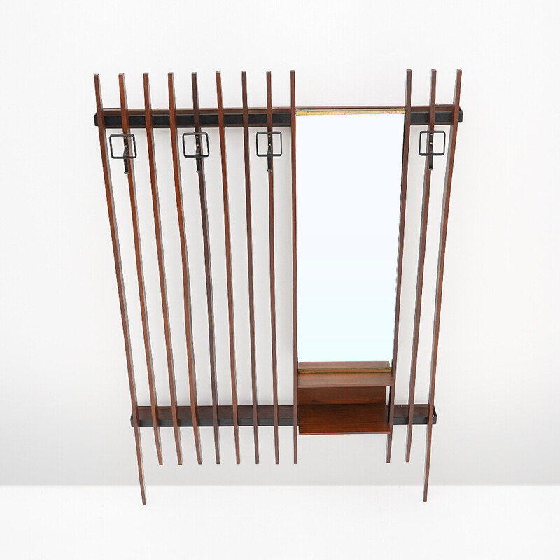 Vintage wall-mounted coat rack in metal and solid wood slats with mirror by Georges Coslin for 3V, Italy 1960