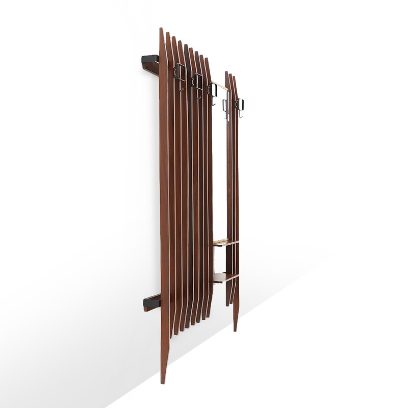 Vintage wall-mounted coat rack in metal and solid wood slats with mirror by Georges Coslin for 3V, Italy 1960