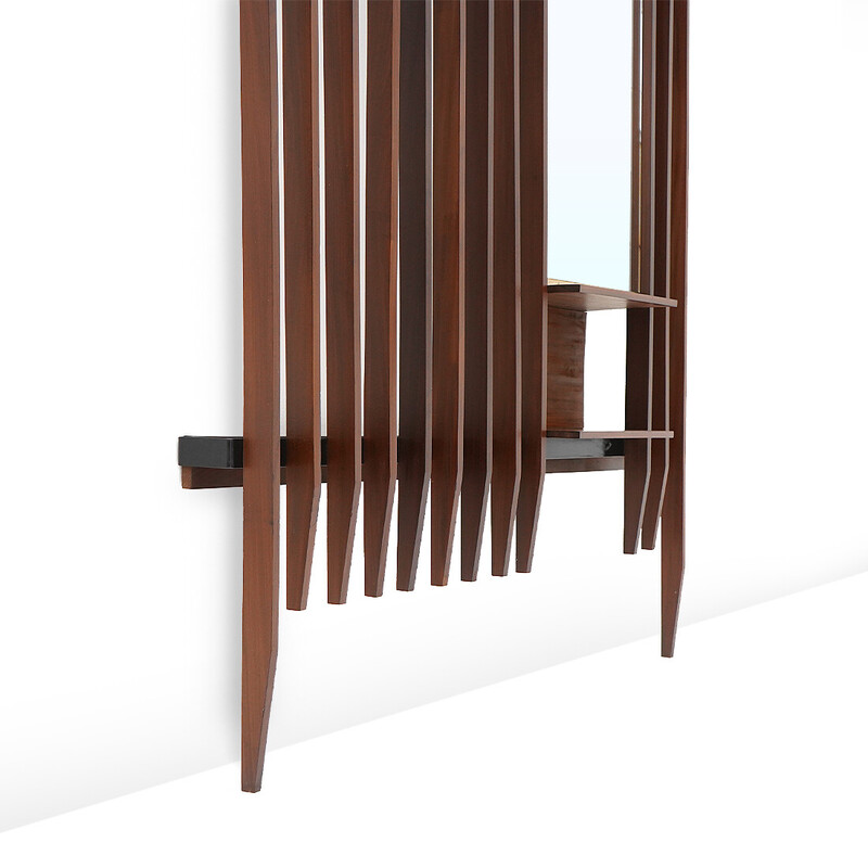 Vintage wall-mounted coat rack in metal and solid wood slats with mirror by Georges Coslin for 3V, Italy 1960