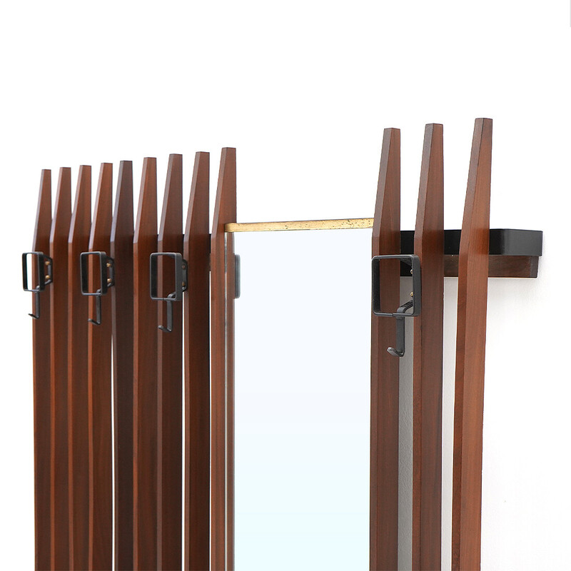 Vintage wall-mounted coat rack in metal and solid wood slats with mirror by Georges Coslin for 3V, Italy 1960