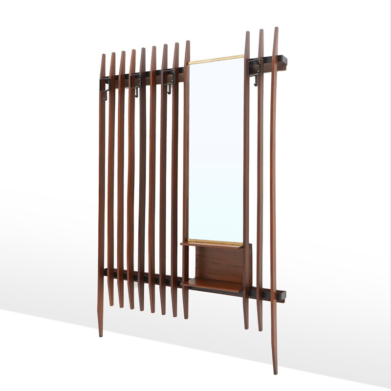 Vintage wall-mounted coat rack in metal and solid wood slats with mirror by Georges Coslin for 3V, Italy 1960