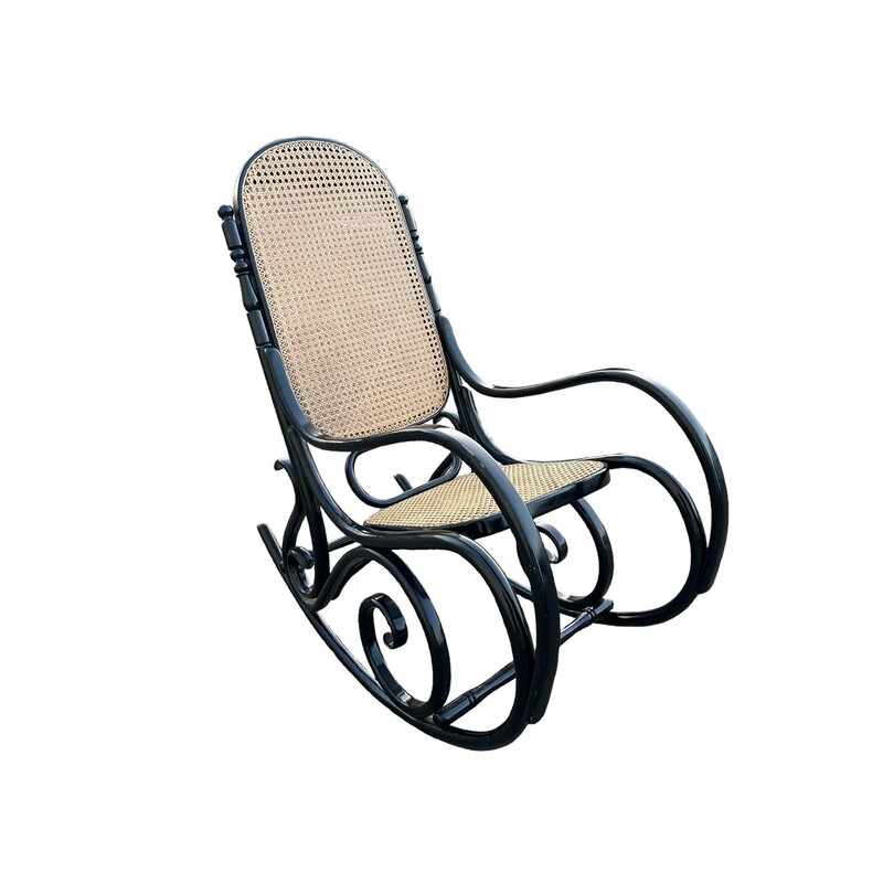 Rocking chair vintage en bois noir et cannage, 1970