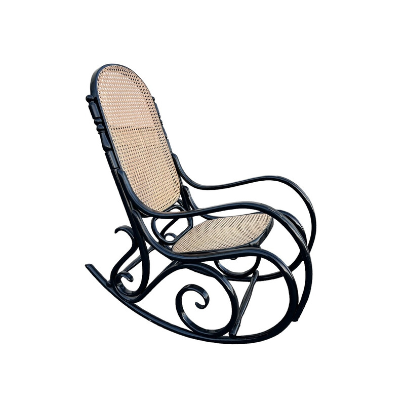 Vintage rocking chair in black wood and canework, 1970
