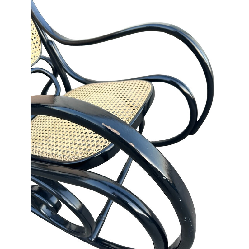 Rocking chair vintage en bois noir et cannage, 1970