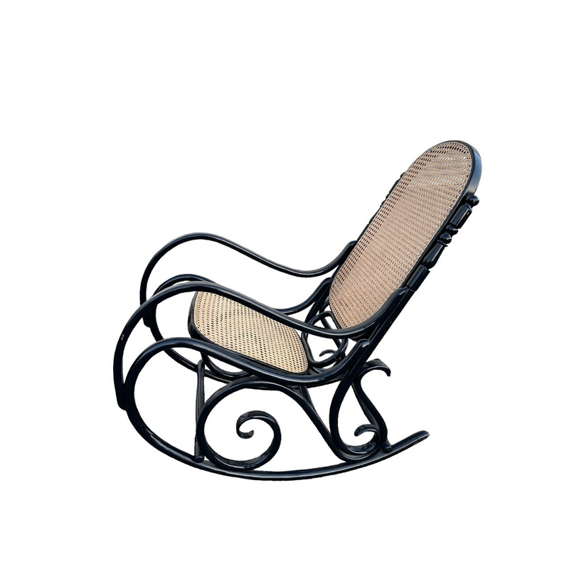 Vintage rocking chair in black wood and canework, 1970