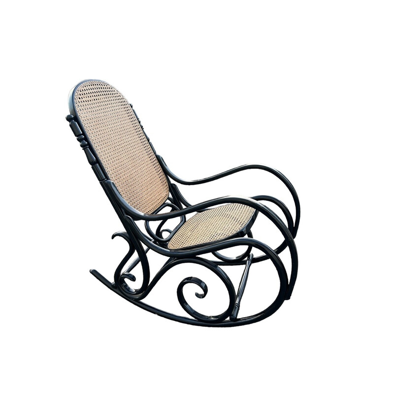 Vintage rocking chair in black wood and canework, 1970