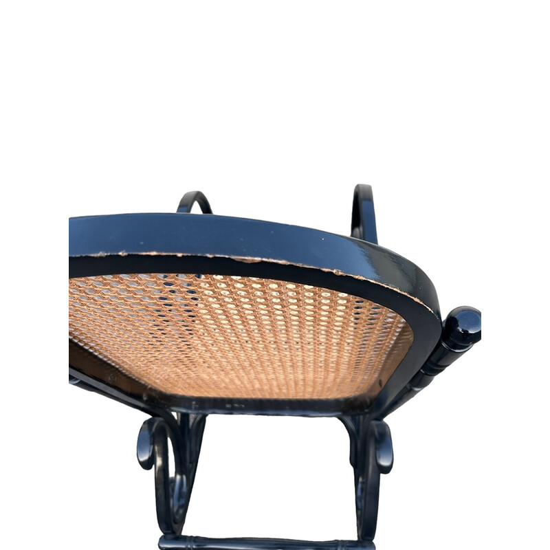 Cadeira de baloiço vintage em madeira preta e cana, 1970