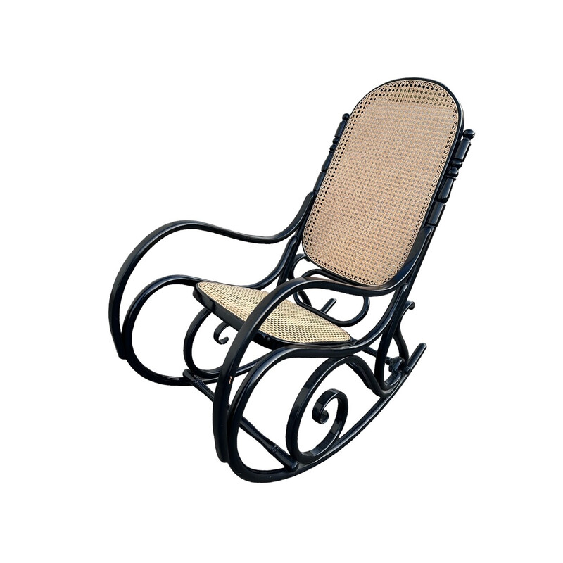 Vintage schommelstoel van zwart hout en riet, 1970