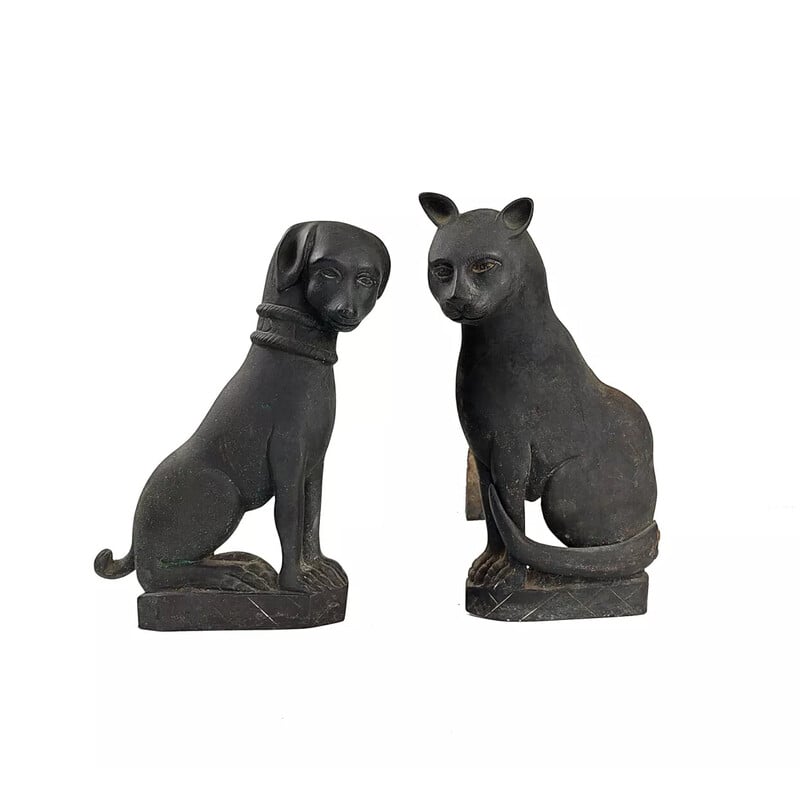 Pair of vintage bronze “Cat and Dog” andirons