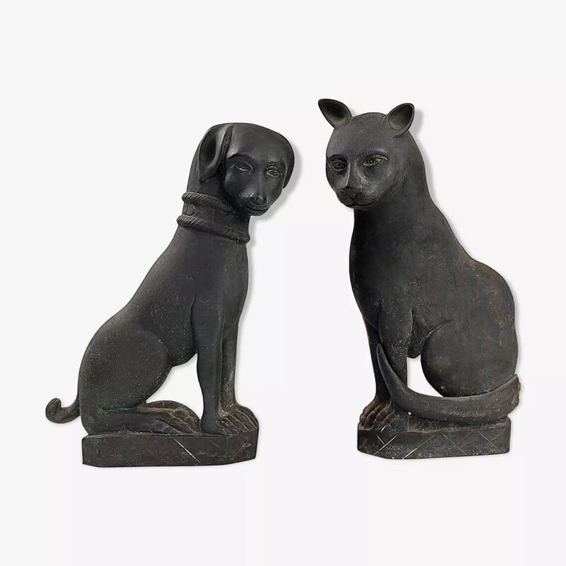 Coppia di candelabri d'epoca in bronzo "Gatto e cane